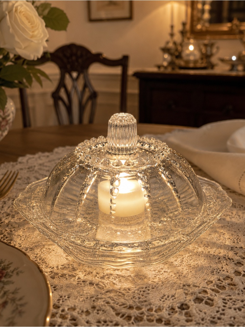 Federal Glass Columbia Covered Butter Dish Fairy Lamp Clear Glass